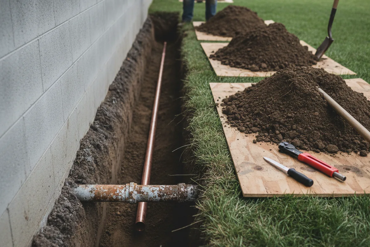 Excavated water line trench during Water Softener Installation in Jarrell